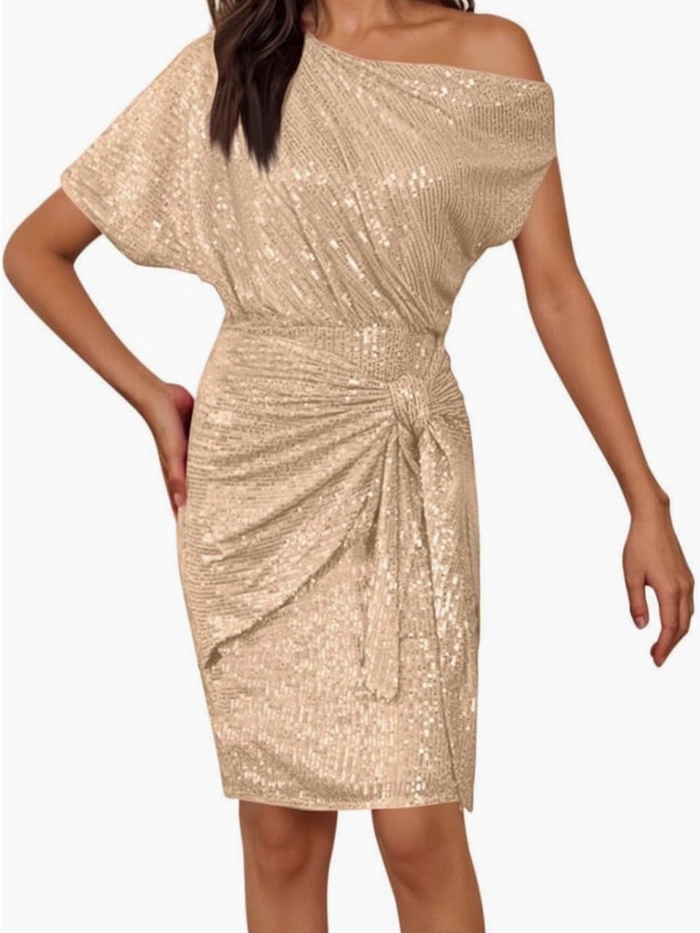 Grace Karin Sequin One-Shoulder Cocktail Dress in Champagne